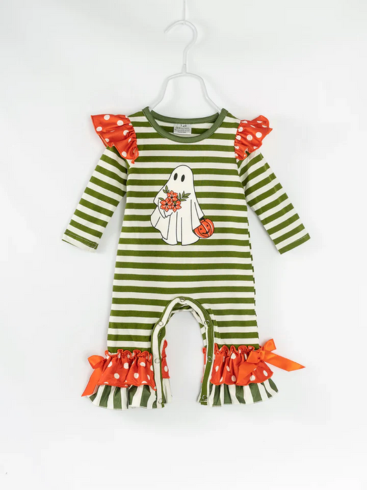 Custom Baby Girls Green Striped Gohst Long Sleeve Romper D 5.1