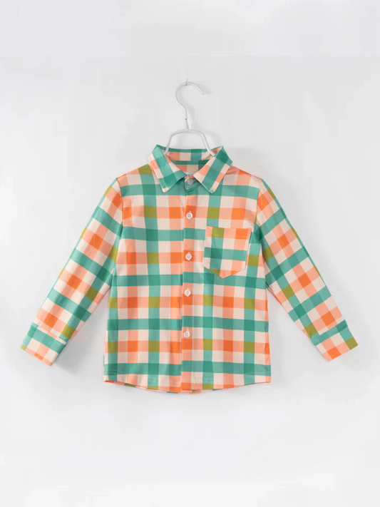 Custom Baby Boys Fall Green Orange Checker Shirt Top D 5.1