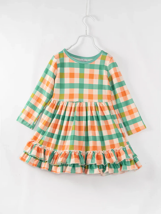 Custom Baby Girls Fall Green Orange Checker Dress D 5.1