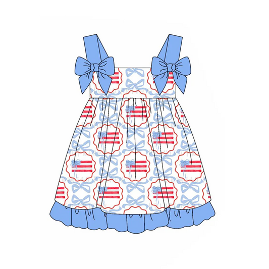 Custom Baby Girls Blue Strap Bows Plaid Flags 4th Of July Dress D 5.1