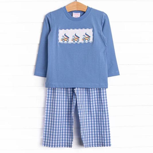 Custom Baby Boys Construction Top Blue Gingham Pants Set D 5.1