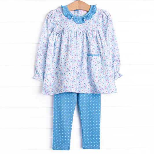 Custom Baby Girls Floral Long Sleeve Tunic Top Blue Dot Leggings Set D 5.1