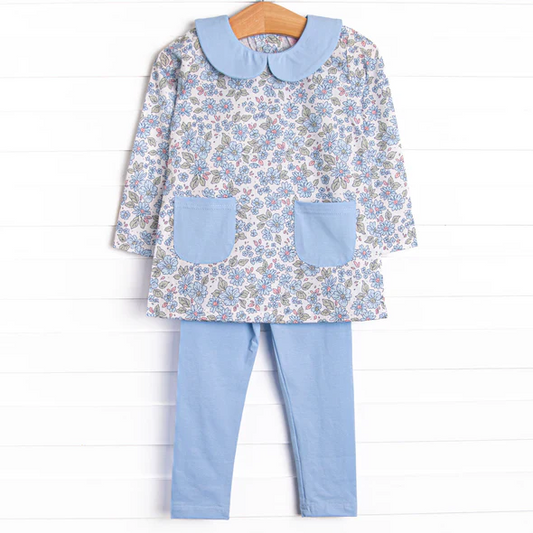 Custom Baby Girls Floral Long Sleeve Tunic Top Blue Leggings Set D 5.1