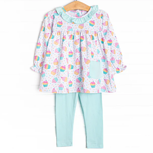 Custom Baby Girls Long Sleeves Cakes Aqua Pockets Tunic Legging pants Set D 5.2