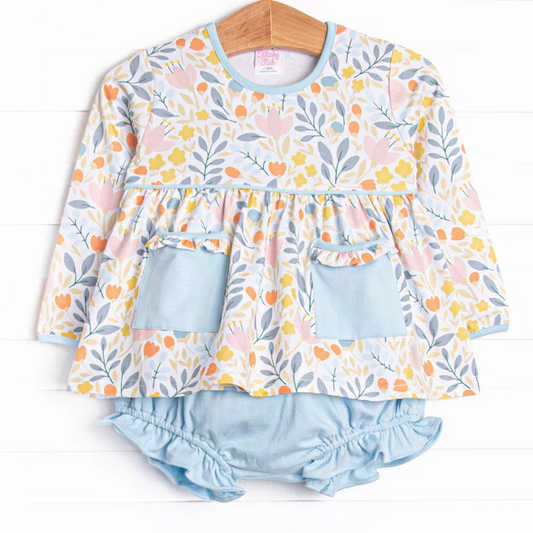 Custom Baby Girls Long Sleeves Yellow Floral Blue Pockets Tunic Ruffle Short Set D 5.2