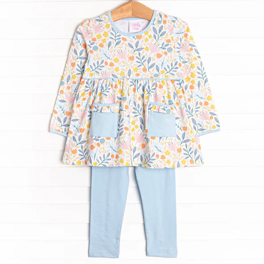 Custom Baby Girls Long Sleeves Yellow Floral Blue Pockets Tunic Legging Set D 5.2