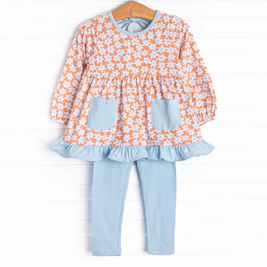 Custom Baby Girls Long Sleeves Floral Blue Pockets Tunic Legging Pants Set D 5.2