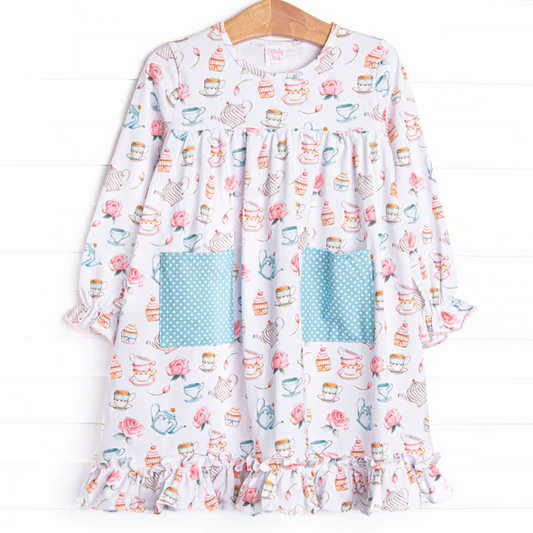 Custom Baby Girls Long Sleeve Cups Cake Plaid Polka Dots Pockets Dress D 5.2