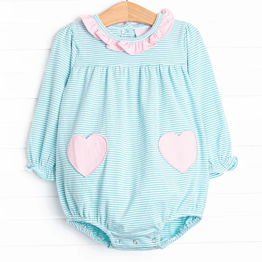 Custom Baby Girls Long Ruffle Sleeve Aqua Stripe Pink Hearts Pocket Rompers D 5.2