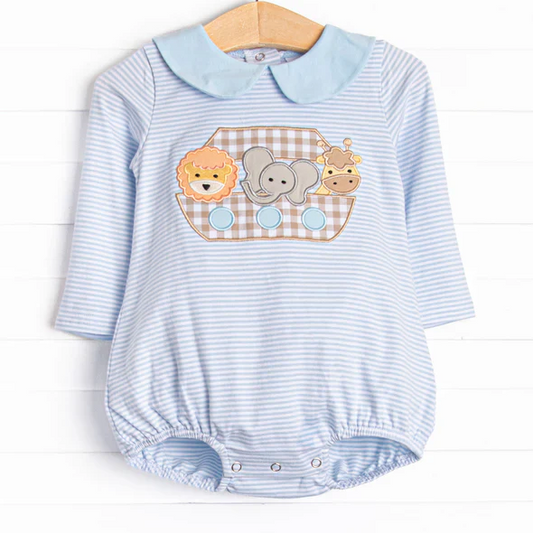 Custom Baby Boys Blue Stripe Elephant Lion Long Sleeve Ruffle Rompers D 5.2