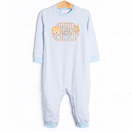 Custom Baby Boys Blue Stripe Elephant Lion Long Sleeve Rompers D 5.2