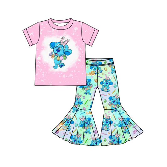 Custom Baby Girls Easter Cartoon Dog Bell Bottom Pants Set D 5.2