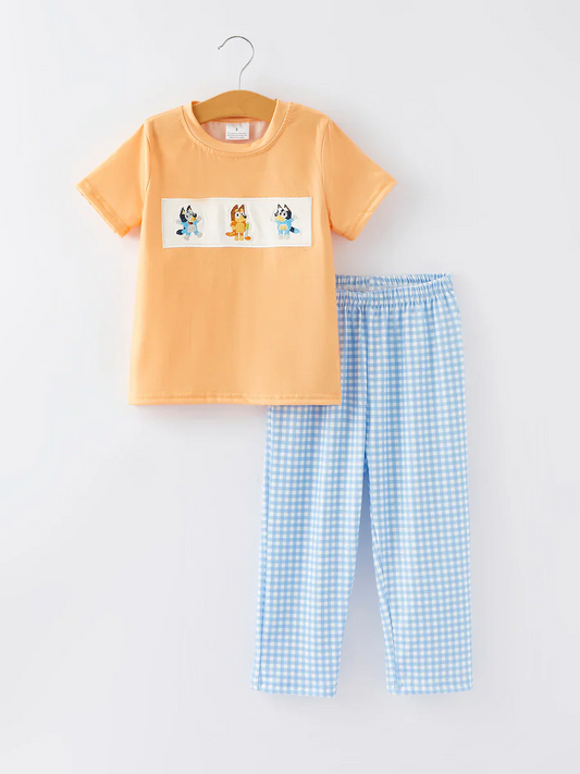 Custom Baby Boys Cartoon Dog Blue Gingham pants set D 5.3