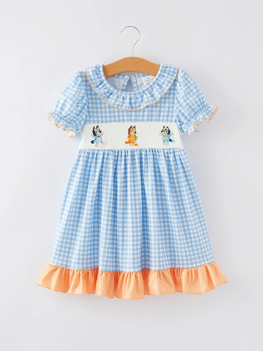 Custom Baby Girls Blue Gingham Cartoon Dog Dress D 5.3