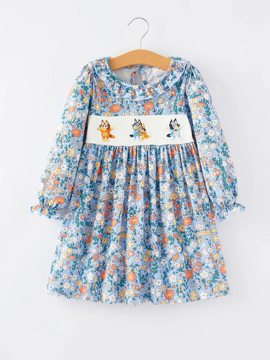 Custom Baby Girls Floral Cartoon Dog Dress D 5.3
