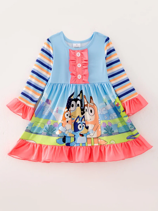 Custom Baby Girls Cartoon Dog Long Sleeve Dress D 5.3