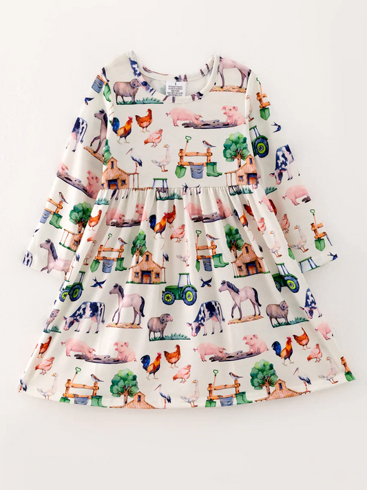 Custom Baby Girls Farm Animal Long Sleeve Dress D 5.3