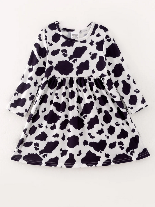 Custom Baby Girls Cow Print Long Sleeve Dress D 5.3