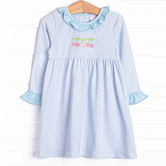 Custom Baby Girls Cherry Blue Striped Top Blue Leggings Set D 5.3