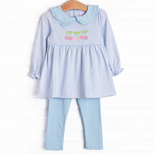 Custom Baby Girls Cherry Blue Striped Top Blue Leggings Set D 5.3