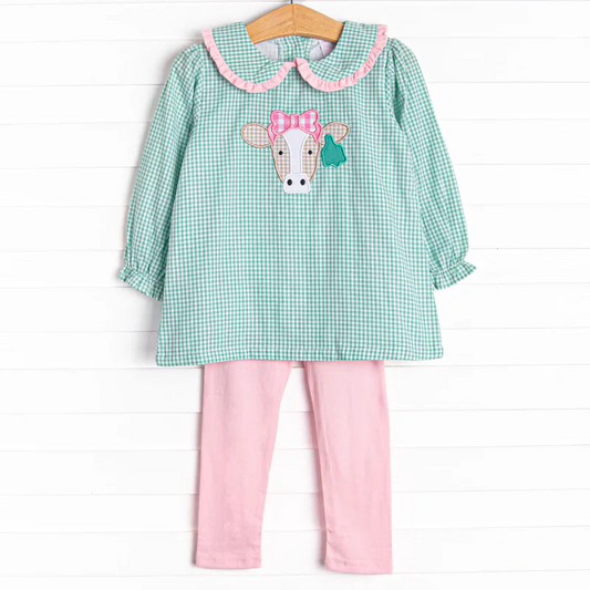 Custom Baby Girls Cow Green Gingham Top Pink Leggings Sett D 5.3
