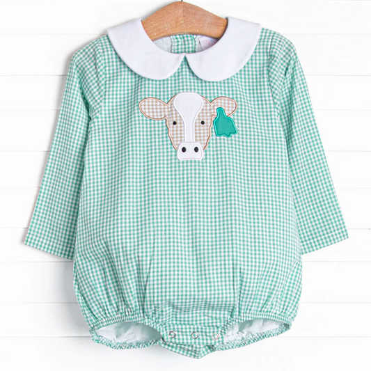 Custom Baby Girls Cow Green Gingham Romper D 5.3