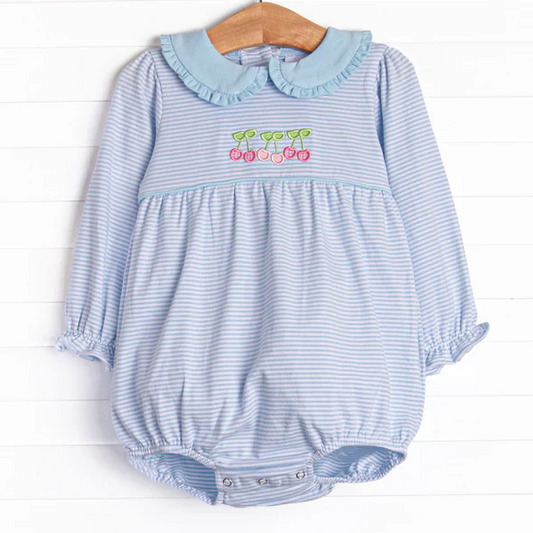 Custom Baby Girls Cherry Blue Striped Romper D 5.3