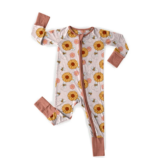 Custom Baby Girls Sunflower Bee Long Sleeve Zipper Romper D 5.3
