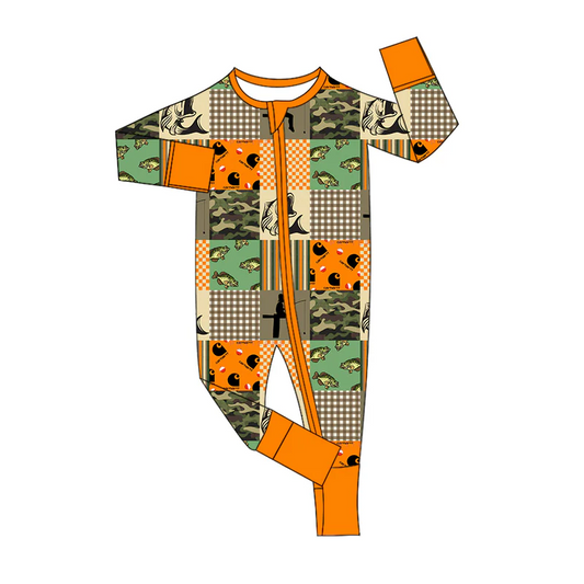 Custom Newborn Baby Boys Hutning Fishing Long Sleeve Zipper Romper D 5.3