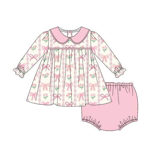 Custom Baby Girls Pink Bow Long Sleeve Top Pink Bummie Set  D 5.3