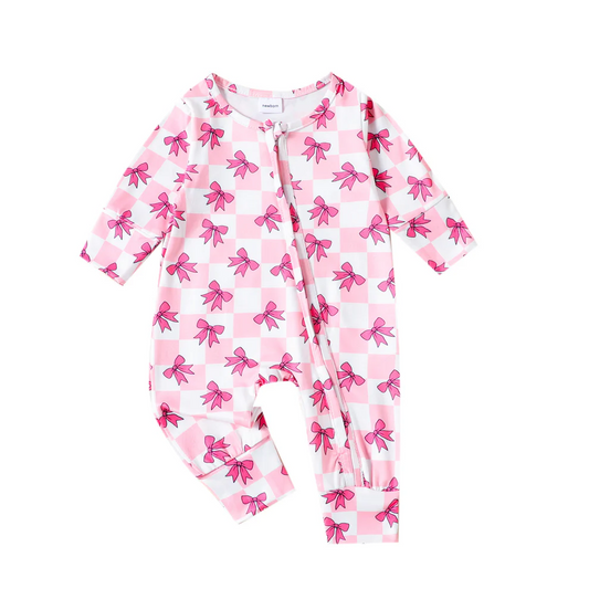 Custom Baby Girls Cite Bow Pink Checker Zip Romper D 5.20