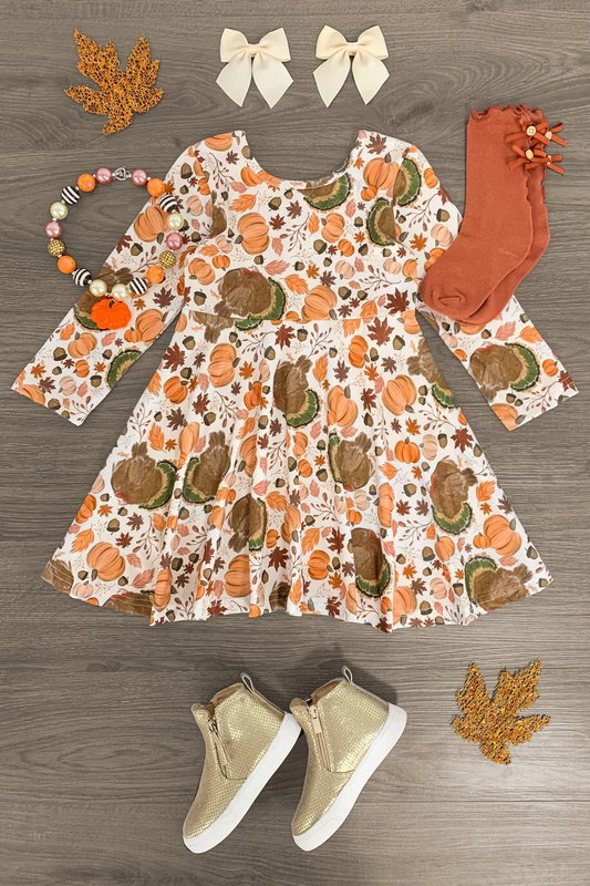 Custom Baby Girls Fall Pumpkin Turkey Long Sleeve Dress D 5.20