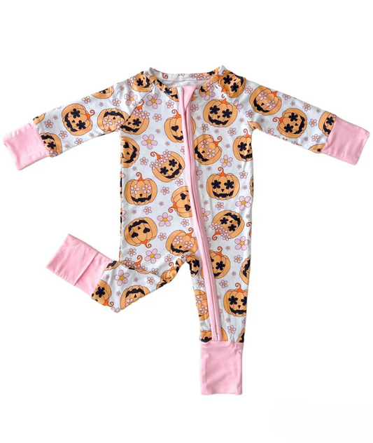 Custom Newborn Baby Girls Halloween Pumpkin Pink Bamboo Zip Romper D 5.20