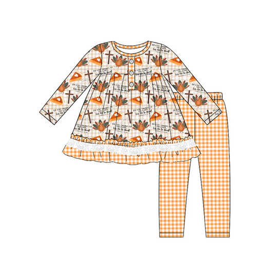 Custom Baby Girls Thanksgiving Turkey Top Orange Gingham Leggings Set D 5.21