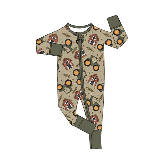 Custom Newborn Baby Boys Farm Tractors Zip Romper D 5.21