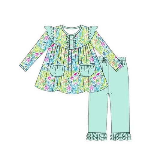 Custom Baby Girls Colorful tropical Floral Long Sleeve Pants Set D 5.21