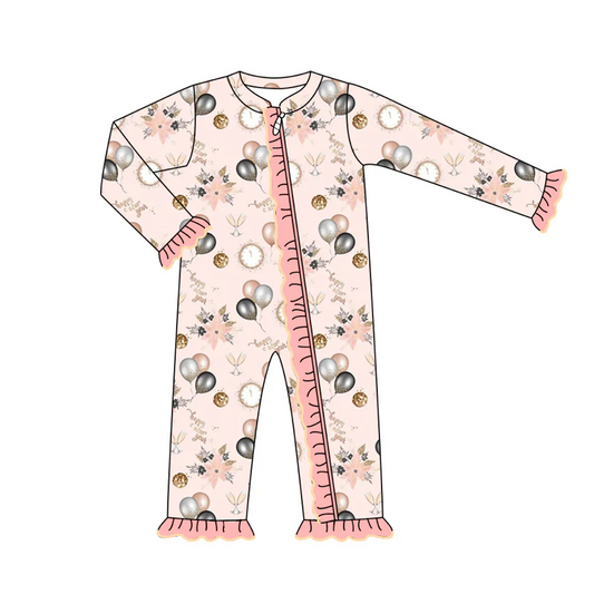 Custom Baby Girls Happy New Year Long Sleeve Zip Romper  D 5.21