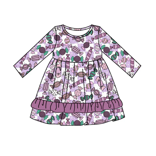 Custom Kids Baby Girls Halloween Purple Candy Long Sleeve Dress D 5.21