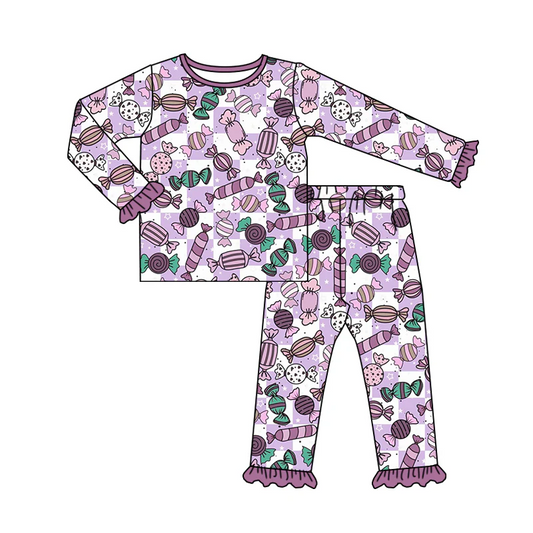 Custom Kids Baby Girls Halloween Purple Candy Long Sleeve Pajama Set D 5.21