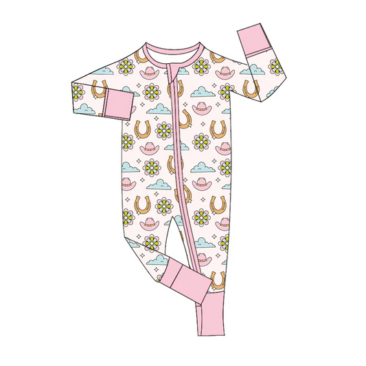 Custom Baby Girls Western Pink Long Sleeve Zip Romper D 5.21
