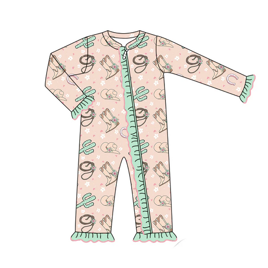 Custom Baby Girls Western Rodeo Boots Long Sleeve Zip Romper D 5.21