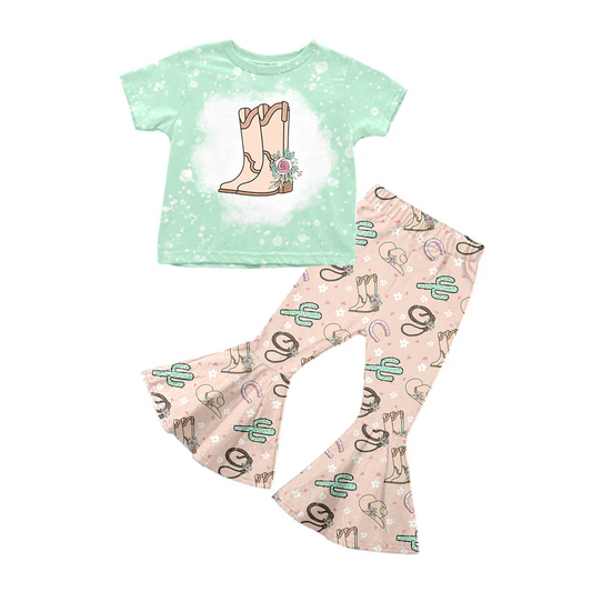 Custom Western Cowgirl Boots Short Sleeve Top Bell Bottom Pants Outfit D 5.21