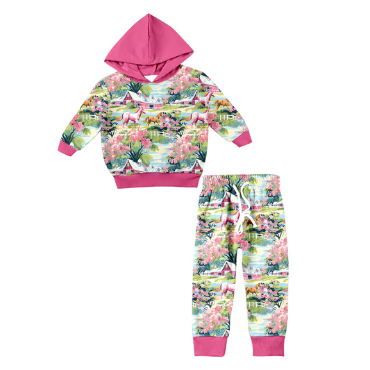Custom Baby Girls Western Horse Hoodie Top Pants Outfit  D 5.21