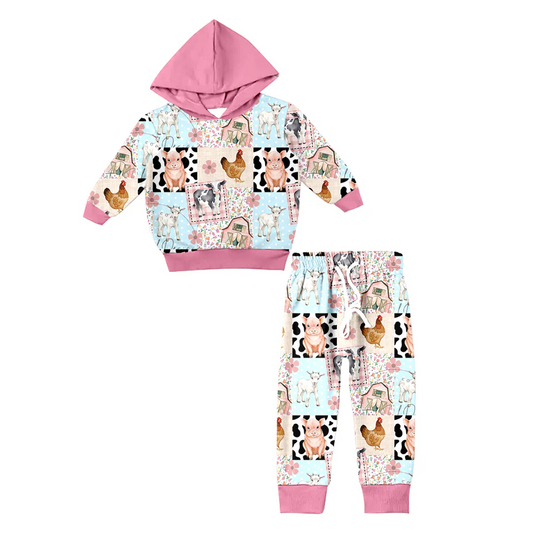 Custom Baby Girls Cute Farm Animal Long Sleeve Hoodie Top Pants Set D 5.21