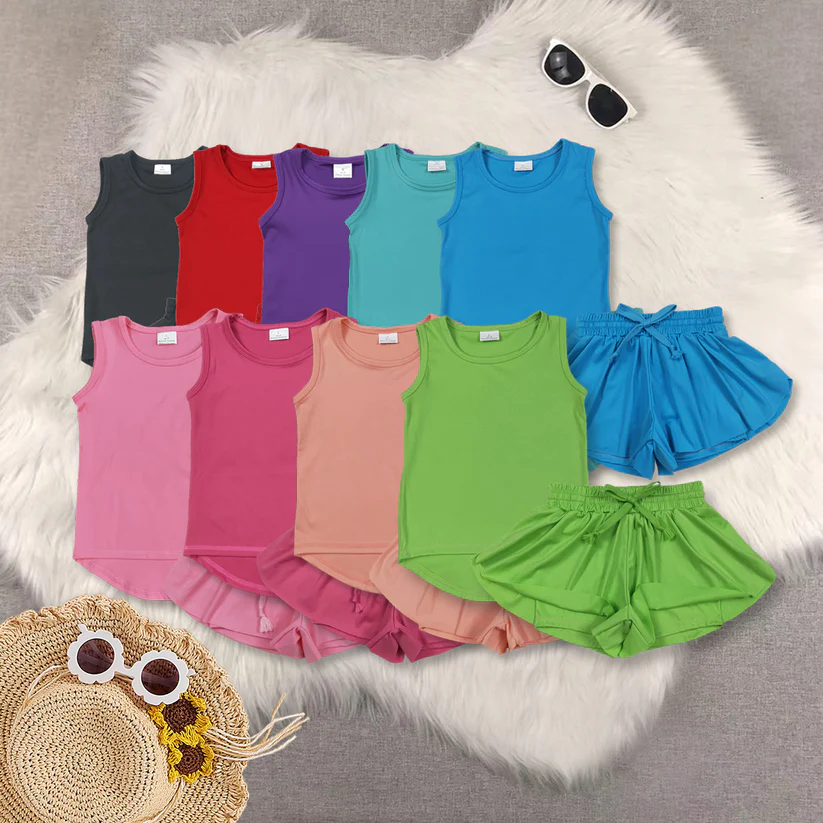 Match Baby Girls Sleeveless Colorful Yoga Vests Top Ruffle Shorts Set D 6.3