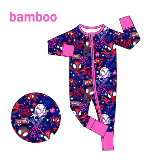 Custom MOQ 5 Cartoon Hero Web Print Baby Long Sleeve Bamboo Sleeper Zipper Romper D 6.17