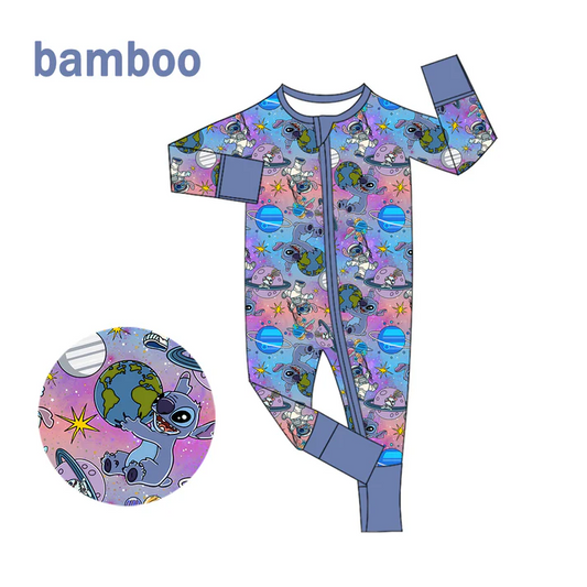 Custom MOQ 5 Cartoon Stitc* Print Baby Girls Long Sleeve Bamboo Sleeper Zipper Romper  D 6.17