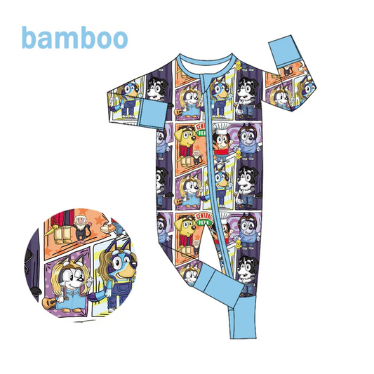 Custom MOQ 5 Cartoon Dog Print Baby Girls Long Sleeve Bamboo Sleeper Zipper Romper D 6.17