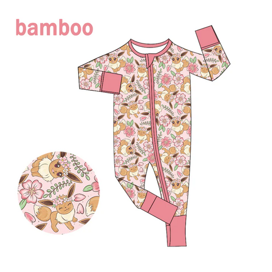 Custom MOQ 5 Cartoon Animals Flowers Print Baby Girls Long Sleeve Bamboo Sleeper Zipper Romper  D 6.18