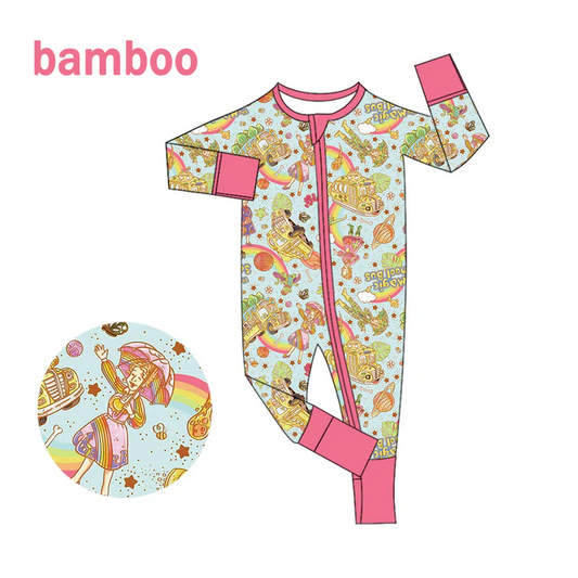 Custom MOQ 5 Cartoon Magic Character Print Baby Girls Long Sleeve Bamboo Sleeper Zipper Romper D 6.18